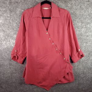 Soft Surroundings True Wrap Tunic Women’s Petite S Coral Lyocell Roll Tab Sleeve